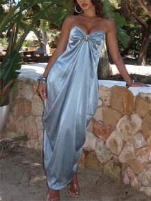 Aloruh Damen elegantes Seidenkleid mit Metallschnallen-Dekor, geeignet für Dates und Partys - Graublau - Übersicht 3