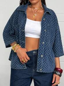 Jeanoix Jaket Denim Kasual Serbaguna untuk Wanita Ukuran Plus dengan Kancing Tunggal, Cocok untuk Penggunaan Sehari-hari - Dark Wash - View 7