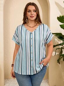 Rosumi Plus Size Women's Striped Batwing Short Sleeve Single-Breasted Casual Shirt - Blue - View 6