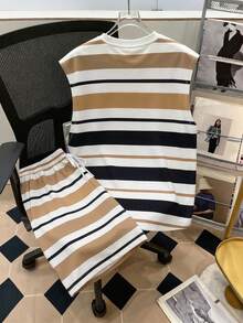 Manfinity Joysei Men's Regular Fit Striped Tank Top And Shorts Set - Coffee Brown - View 2
