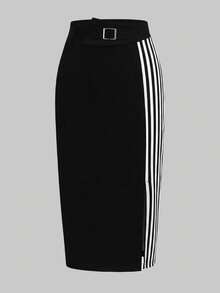 Elenzga Plus Size Women's Asymmetrical Waist Striped Patchwork Elegant Bodycon Skirt - Black and White - View 3