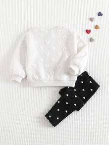 Cozy Pixies Baby Girl Heart Pattern Knitted Soft Crew Neck Long Sleeve Pullover Sweatshirt & Leggings 2-Piece Set - Black and White - View 2