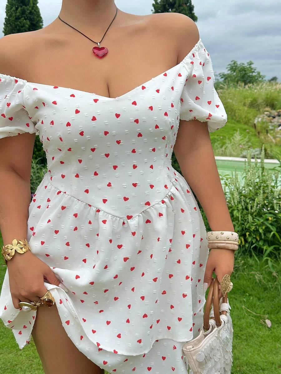 Dazy Plus Sexy Cute Kawaii Tropical Mini Dress For Women, Red And White Elegant Minimalist Sexy Heart Pattern Plus Size Spring Summer Dress Vacation - White - View 1