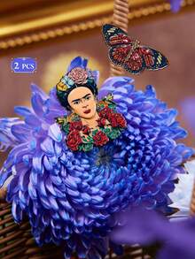 Frida Kahlo X SHEIN 2件組藝術鋅合金胸針別針套裝，女性包包吊飾裝飾，適合作為禮物、收藏、紀念品，水鑽設計 - 彩色 - 查看 5