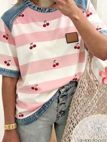 EMERY ROSE Women's Striped Patchwork Round Neck Short Sleeve Casual Versatile T-Shirt - Multicolor - View 3
