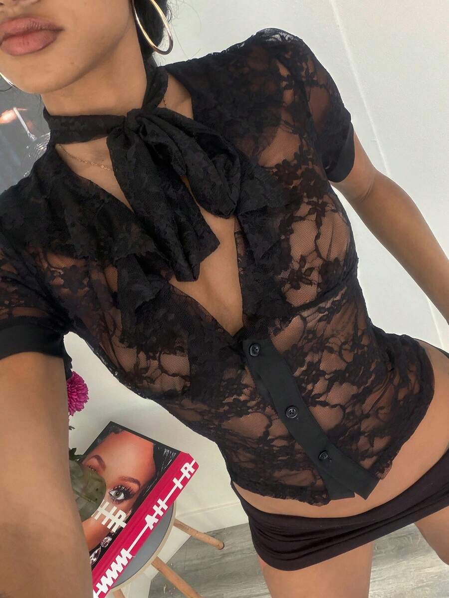 Jeanoix 女款性感深V領彈性網紗修身襯衫 - 黑色 - 查看 1