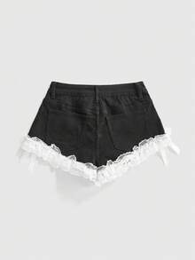 ROMWE Grunge Punk Summer Beach Graduation Easter Concert Nashville Vacation Sexy Low Waist Cross Pendant Lace Bow Cute Dark Street Style Blue Black Mini Women's Denim Shorts - Black - View 2