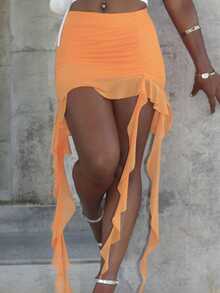 Steph T Spring Ruched Ruffle Trim Ruffle Hem Mesh Black Skirt - Orange - View 5