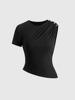 Camiseta lisa para mujer con diseño asimétrico, botones, casual, versátil y diseño único