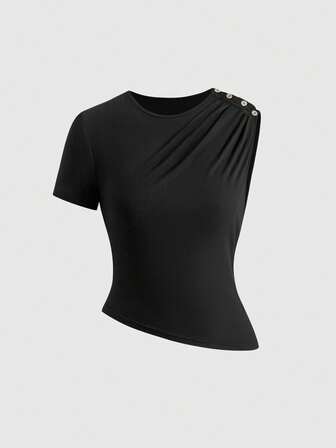 Maglietta da donna semplice con design asimmetrico, bottoni, casual, versatile e design unico