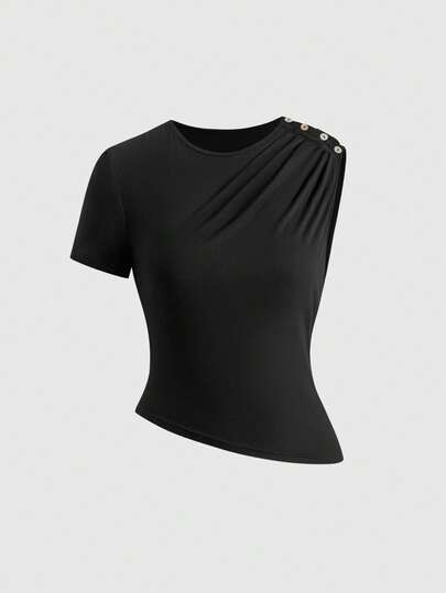 Camiseta lisa para mujer con diseño asimétrico, botones, casual, versátil y diseño único