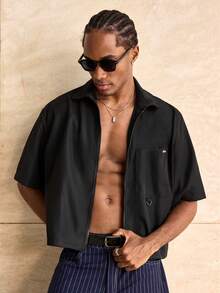 ESTAVOR 男士休闲时尚街头通勤简约拼接口袋拉链短袖衬衫，夏季 - 黑色 - 查看 1