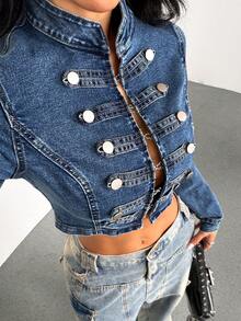 StreetHx Áo khoác denim quân đội phong cách cung đình Y2K đường phố thời trang thường ngày phối patchwork nhiều nút - Rửa trung bình - Xem 2