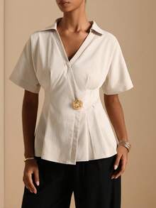 Elafinee Women's Spring/Summer Short Sleeve Blouse With Lapel V-Neck, Wrap Waist, Metal Buckle And Ruffle Hem - Khaki - View 4