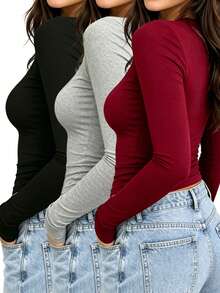 INAWLY Solva Women Solid Color Round Neck Long Sleeve Fitted Casual T-Shirt, Autumn Fall Cloth For Women - Multicolor - View 2