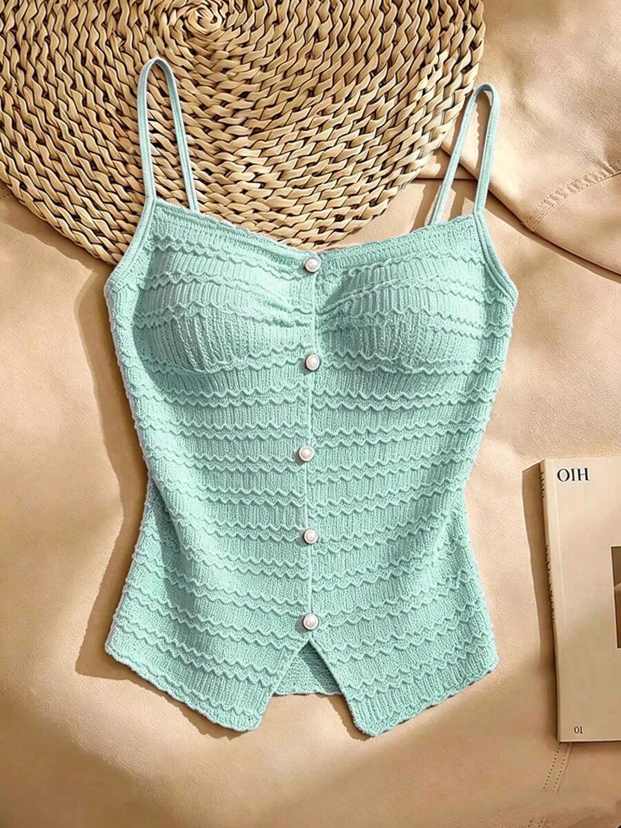 SHEIN Franclia 女款法式休閒日常優雅紋理柔軟鏤空面料春夏細肩帶背心修身蕾絲薄荷綠 - 淺藍色 - 查看 1