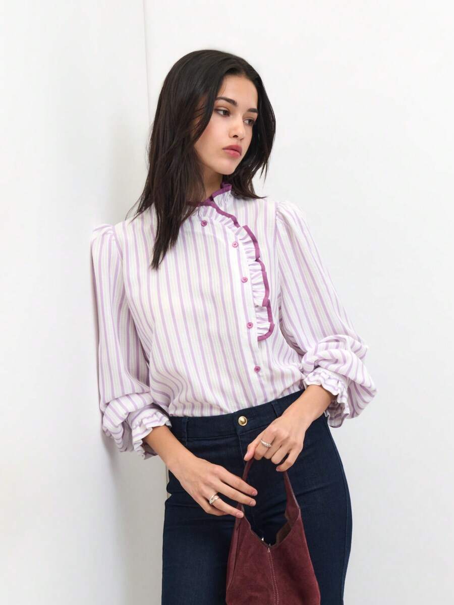 Nöista Striped Ruffle High-Neck Blouse With Puff Sleeves And Contrast Piping; Perfect For Office, Meetings, Brunch, Dates, Romantic, Preppy, Winter, Autumn - Mauve Purple - View 1