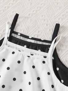 SHEIN Elladie kids 春夏女童 4 件套黑白波點細肩帶背心與寬腿褲套裝，適合日常穿著、週末出遊、家庭聚會等多種場合 - 黑與白 - 查看 6