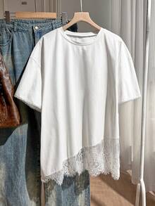 Comfortcana Plus Size Asymmetrical Hem Lace Loose T-Shirt Date Night Evening Birthday All White Summer Elegant Frenchy - White - View 12