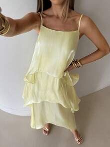 Aloruh Vestido azul de tirantes finos de unicolor elegante para vacaciones - Verde - Ver 5