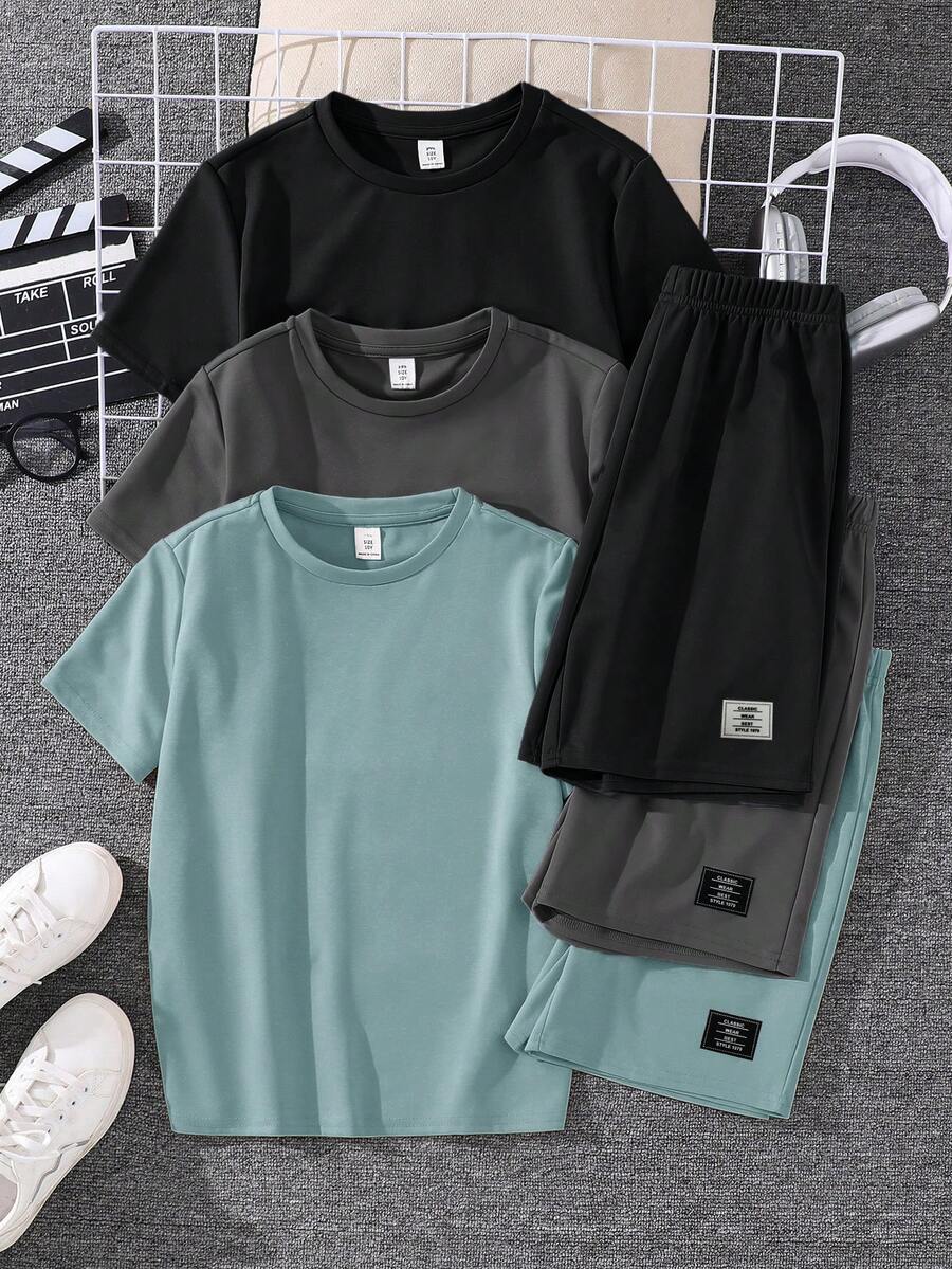 SHEIN 6件套青少年男童舒适休闲金属项链装饰圆领短袖T恤、短裤两件套高性价比套装,适合户外、街头、派对、居家休闲等场合。 - 彩色 - 查看 1
