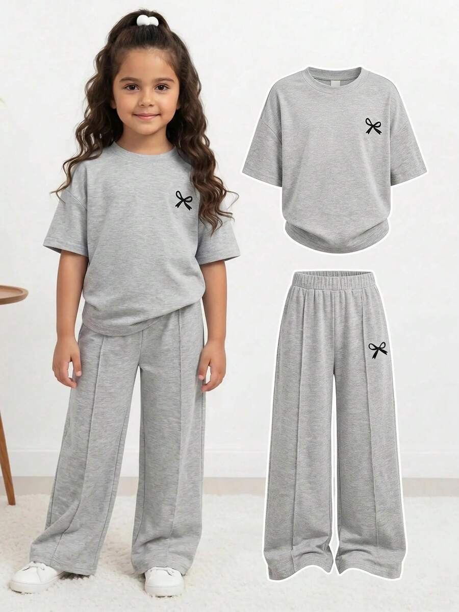 SHEIN Young Girl Bow Print Round Neck Short Sleeve T-Shirt And Pants Casual Set - Grey - View 1