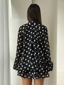 Aloruh Elegantes Damen-Minikleid im Puppenstil mit schwarz-weißem Polka-Dot-Muster, Regenschirm-Design, vielseitig für den täglichen Arbeitsweg, Teegesellschaft und Schulanfang, Herbstrock - Schwarz und Weiss - Übersicht 2