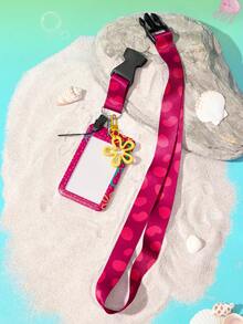 SpongeBob SquarePants | SHEIN Multifunctional Combo Keychain Badge Holder Detachable Neck Lanyard , Rose Red Patterned Card Cover Keychain With Yellow Flower Charm, Bag Pendant - Hot Pink - View 5