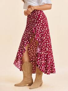 Coeurva Allover Floral Print Ruffle Trim Split Thigh Skirt - Maroon - View 4