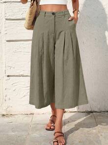 SHEIN Holidaya Women's Casual Vacation Linen Capri Pants, Casual, Beach Vacation, Home, Linen Olive Green Summer - Army Green - View 8