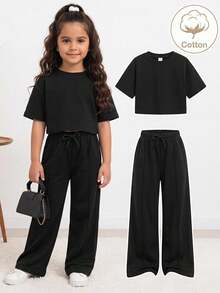 SHEIN 2件組/套 青少女純色針織短版休閒T恤與內搭褲套裝 - 深灰色 - 查看 1