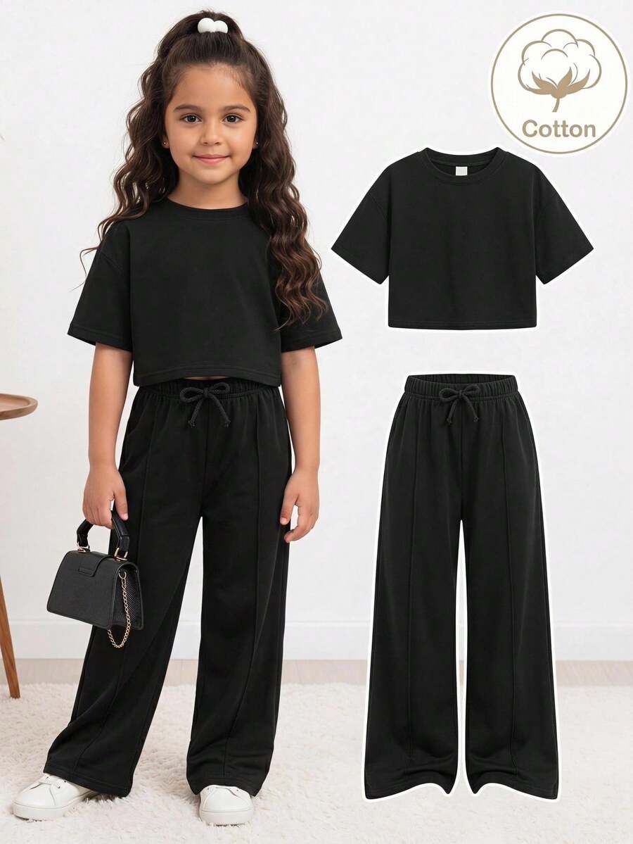 SHEIN 2件組/套 青少女純色針織短版休閒T恤與內搭褲套裝 - 深灰色 - 查看 1