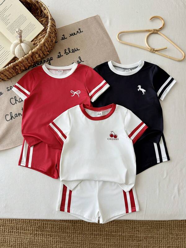 SHEIN Baby Girl Toddler New Born 0-3years Autumn&Summer Casual Style 3colors 6pcs/3set Going Outfit Short Sleeves Printing Top& Short Printing Pants.Comfortable Clothing Suitable For Outdoor Activities.