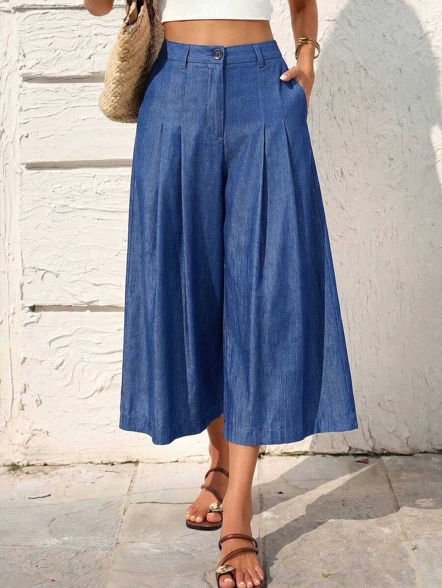 SHEIN Holidaya Pantalon 7/8 en lin décontracté pour femmes, vacances, plage, maison, lin - Bleu azur - Voir 1