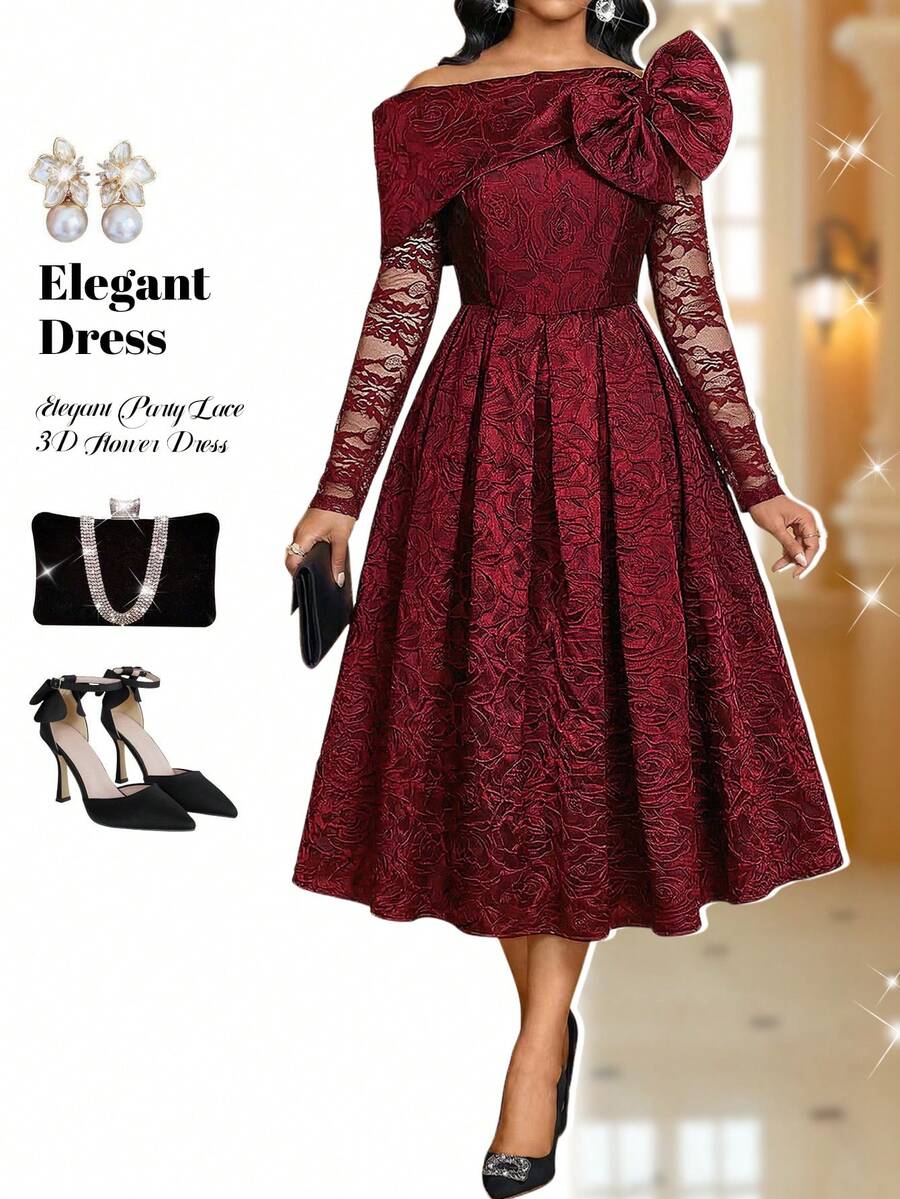Fleurora Women's Floral Jacquard Bow Decor Contrast Lace Long Sleeve Elegant Mid-Length Dress - Burgundy - View 1