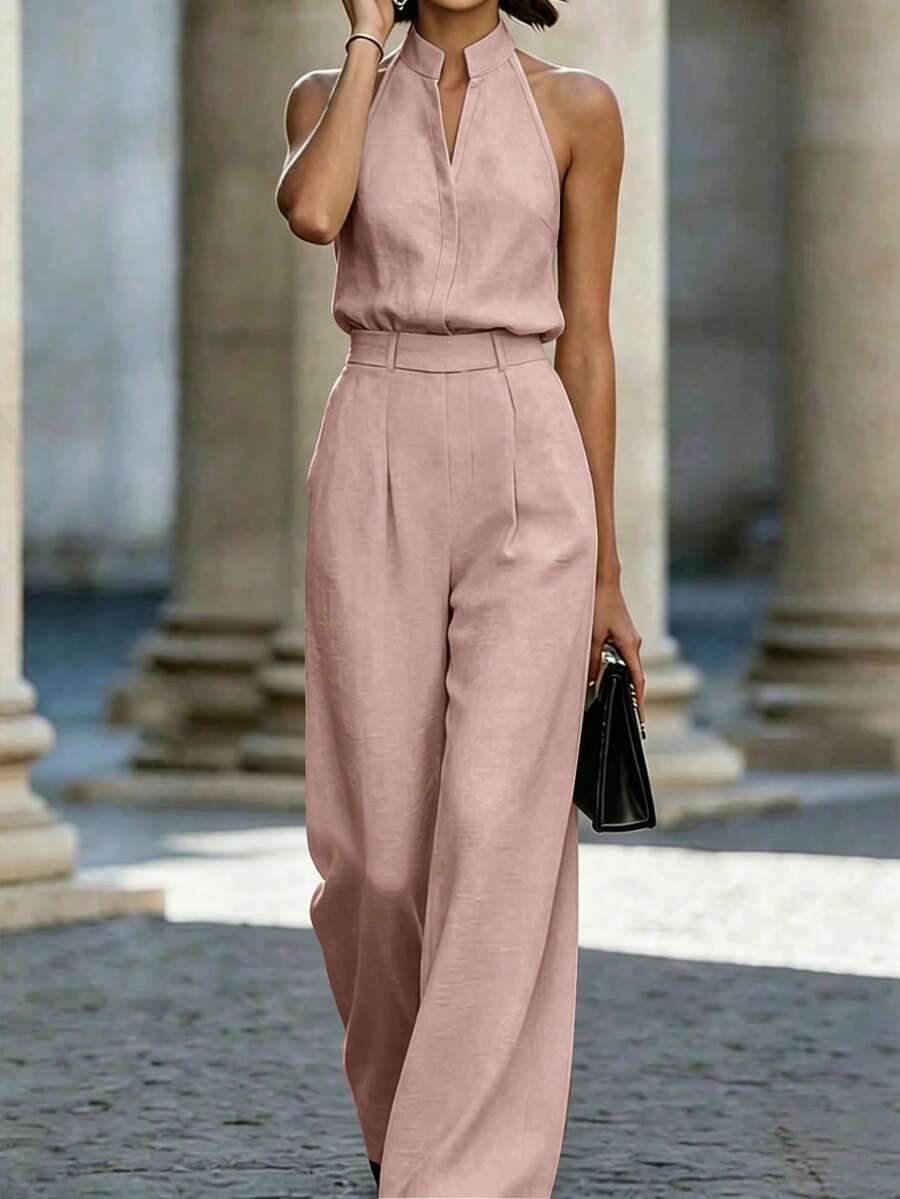 SHEIN Setelan 2 Potong Atasan Tanpa Lengan Leher V Warna Pink untuk Wanita dan Celana Panjang - Berwarna merah muda - View 1