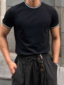 DAZY Short Sleeve Black Fabric With Contrast Ribbed Trim Men's T-Shirt - Black - View 6