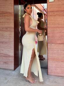 Maria Perezxox Elegant Draped Neck High Slit Textured Fabric Dress Party Summer - Light Yellow - View 4