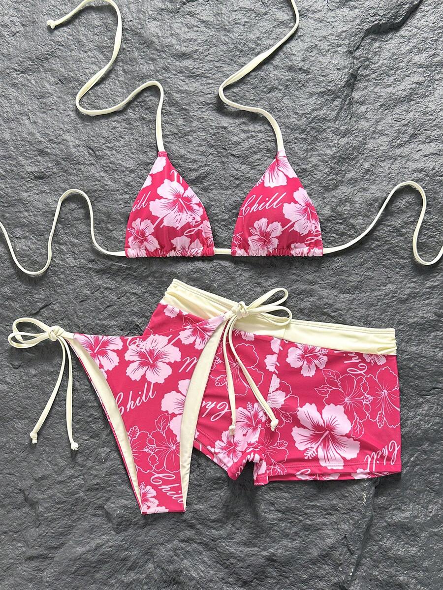 Swim Mod Women's 2026 Spring/Summer New Dual-Color Print Contrast Shoulder Strap Drawstring Triangle Bikini Set 3 PiecesSwimsuit - Multicolor - View 1