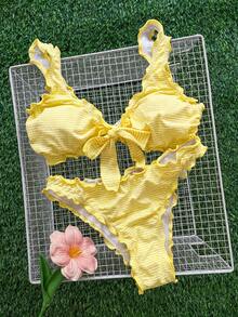 Swim Mod 極簡性感風粉色荷葉邊綁帶式兩件式比基尼泳衣，甜美荷葉邊女款比基尼，適合溫泉度假 - 黃色 - 查看 2