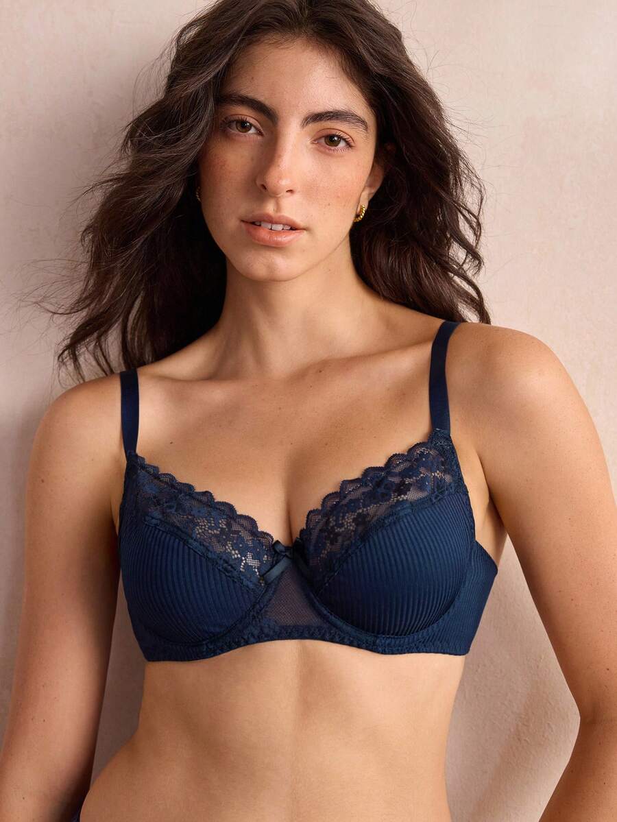 Charlaine Women's Solid Color Bow Decor Contrast Lace Underwire Bra - Navy Blue - View 1