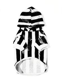 Beetlejuice X SHEIN 1件裝印花圖案寵物連帽衛衣，貓咪衣服，狗狗衣服，尺寸XXS-XXXXL，特小號，特大號，條紋，Logo，Underworld大魔導師 - 黑色 - 查看 5