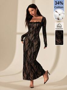 SHEIN PETITE 女款蕾絲方領性感約會派對洋裝 - 黑色 - 查看 7