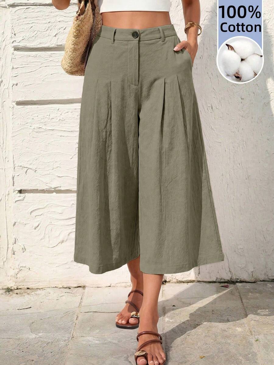 SHEIN Holidaya Women's Casual Vacation Linen Capri Pants, Casual, Beach Vacation, Home, Linen Olive Green Summer - Army Green - View 1