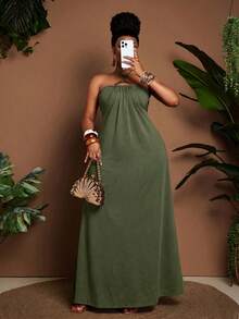 Maweii Summer Plus Size Women Strapless Tie Metal Buckle Decor Tube Top 2 In 1 Waist-Exposing Flared Dress - Army Green - View 4