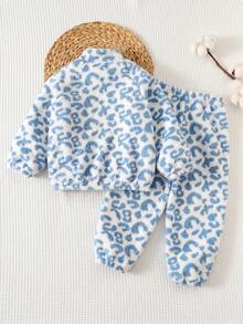 Cozy Pixies Young Girl Leopard Print Thermal Lined Thick Crew Neck Long Sleeve Jacket And Elastic Waist Cuffed Pants 2-Piece Set - Blue and White - View 2