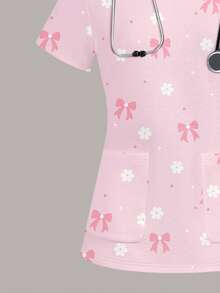 PopScrub Women's Scrub Cute Bow & Daisy Print Top, Pet Hospital - Multicolor - View 3