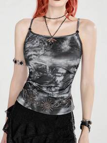 Breakform Casual Versatile Tie-Dye Ruched Camisole Tank Top For Women - Black - View 4