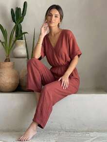 Livesso Women's Solid Color V-Neck Pleated Casual Daily Home Wear Jumpsuit - Burgundy - View 1