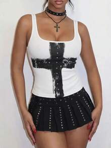 EgrlEra Top casual versátil ajustado con fruncido y patrón cruzado para mujer - Blanco - Ver 5
